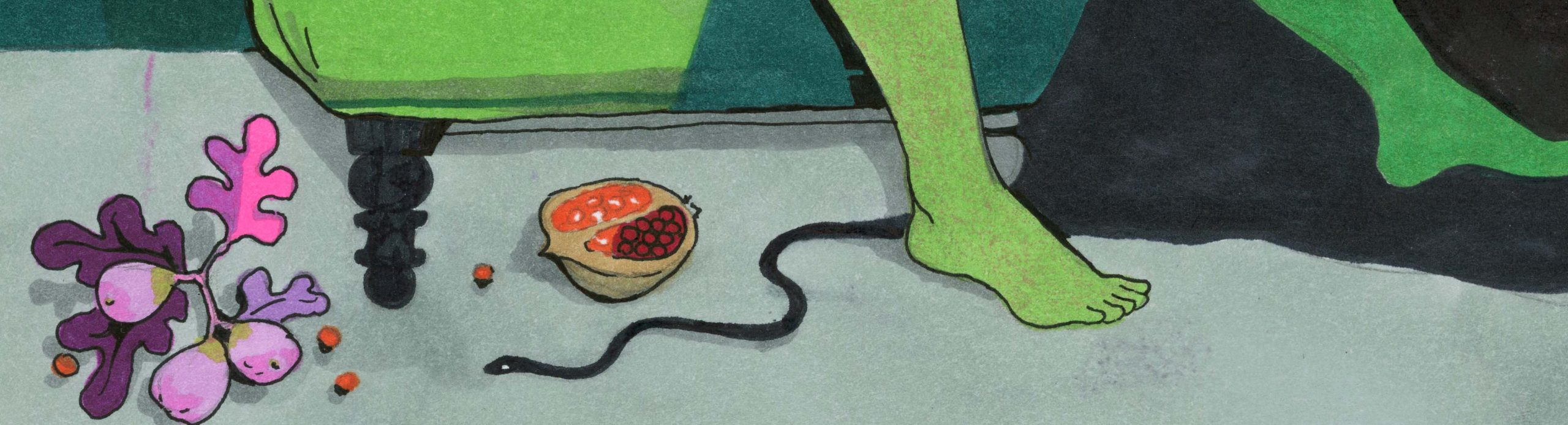 Closeup of a green chair and sitters bare feet over pomegranate, fig bough, and a small snake.