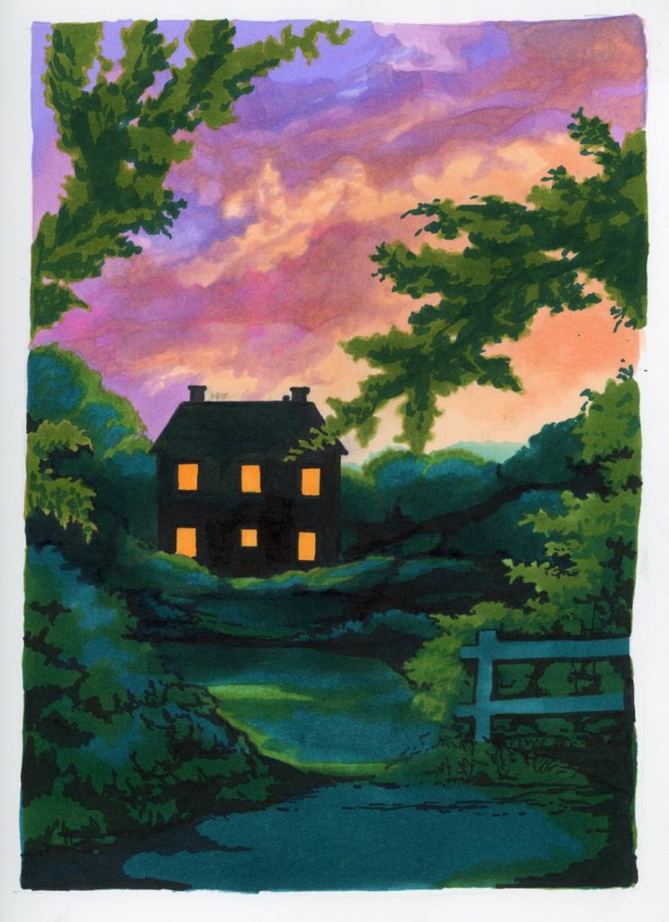 Marker drawing of a house at dusk with its light on