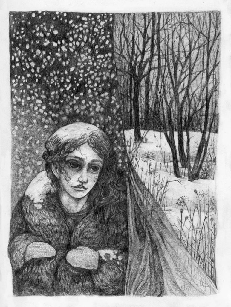 Drawing of a saintly-faced girl crouching in a snowy landscape
