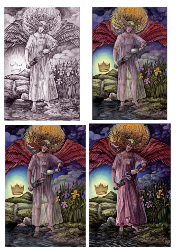 Four stages of a digital painting of a graphite drawing of the tarot Temperance card.