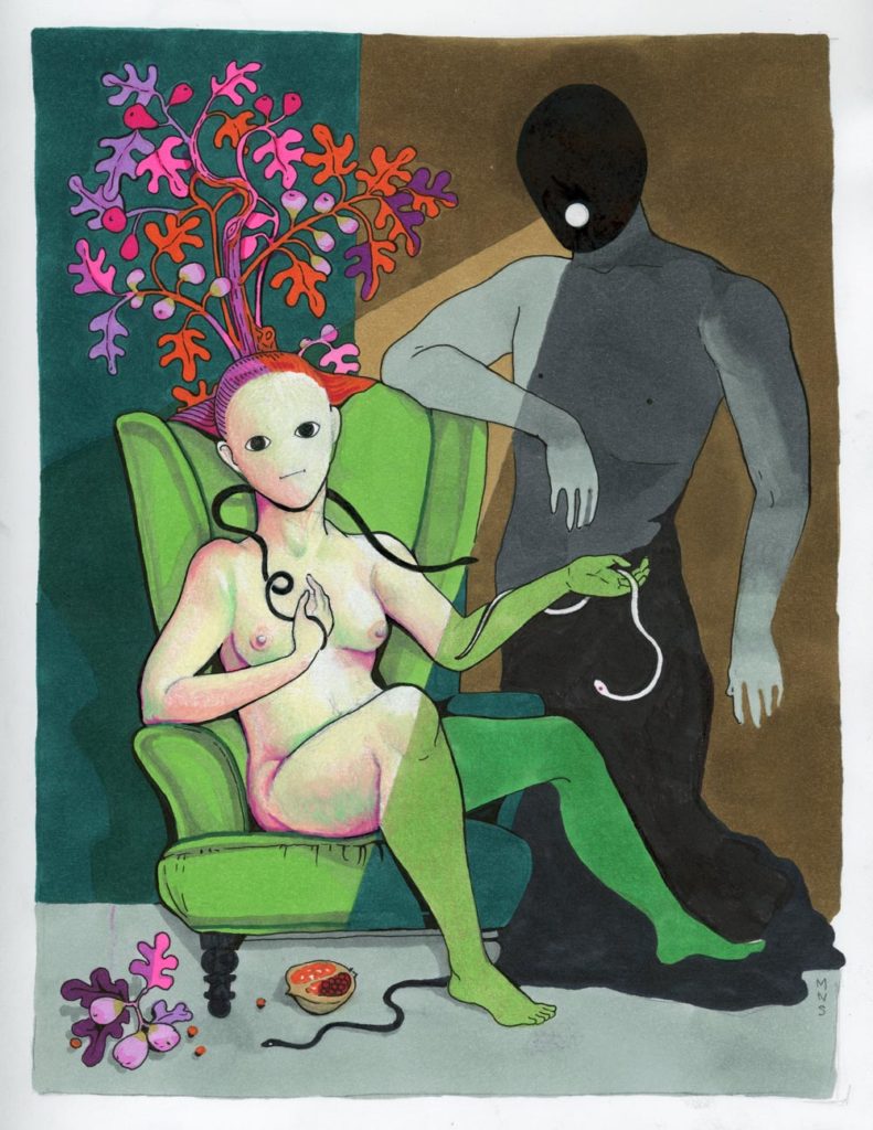 Surreal mixed media drawing of a naked woman in a chair with figs and snakes and a dark man who shines a light on her.