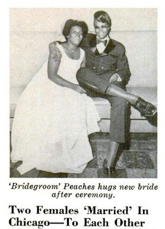 Photo showing caption: "'Bridegroom' Peaches hugs new bride after ceremony: Two Females 'Married' In Chicago -- To Each Other"