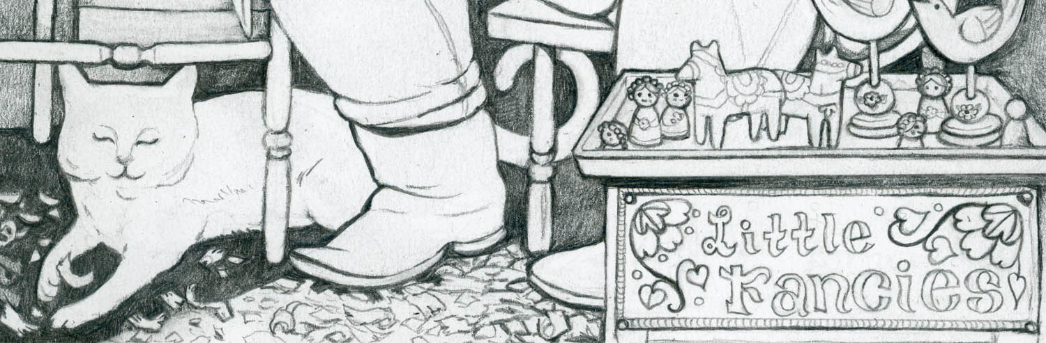 Closeup of graphite drawing of a sawdust covered ground with a sleepy cat and a tray of little fancy toys.