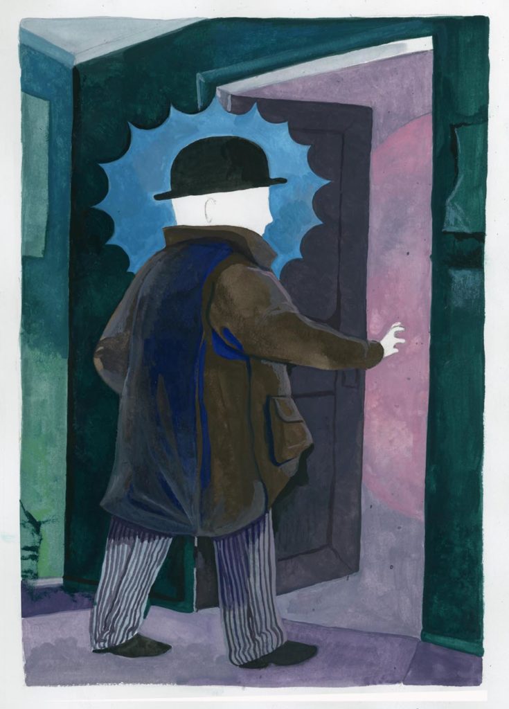 Unfinished gouache painting in cool colors of a  man in a bowler hat, overcoat, and pinstriped pants looking into an open door with surprise.