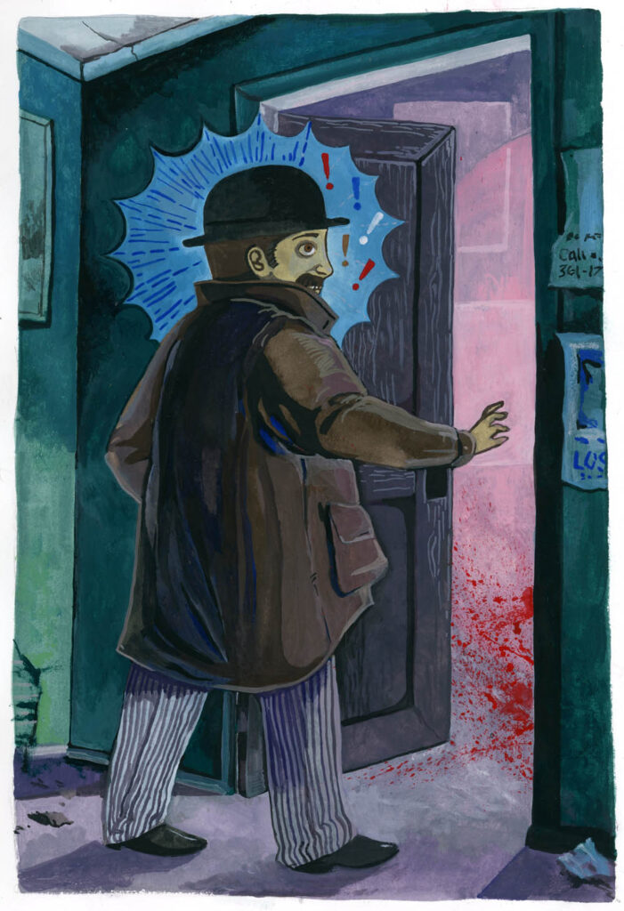 Gouache painting of a detective stumbling upon a murder scene