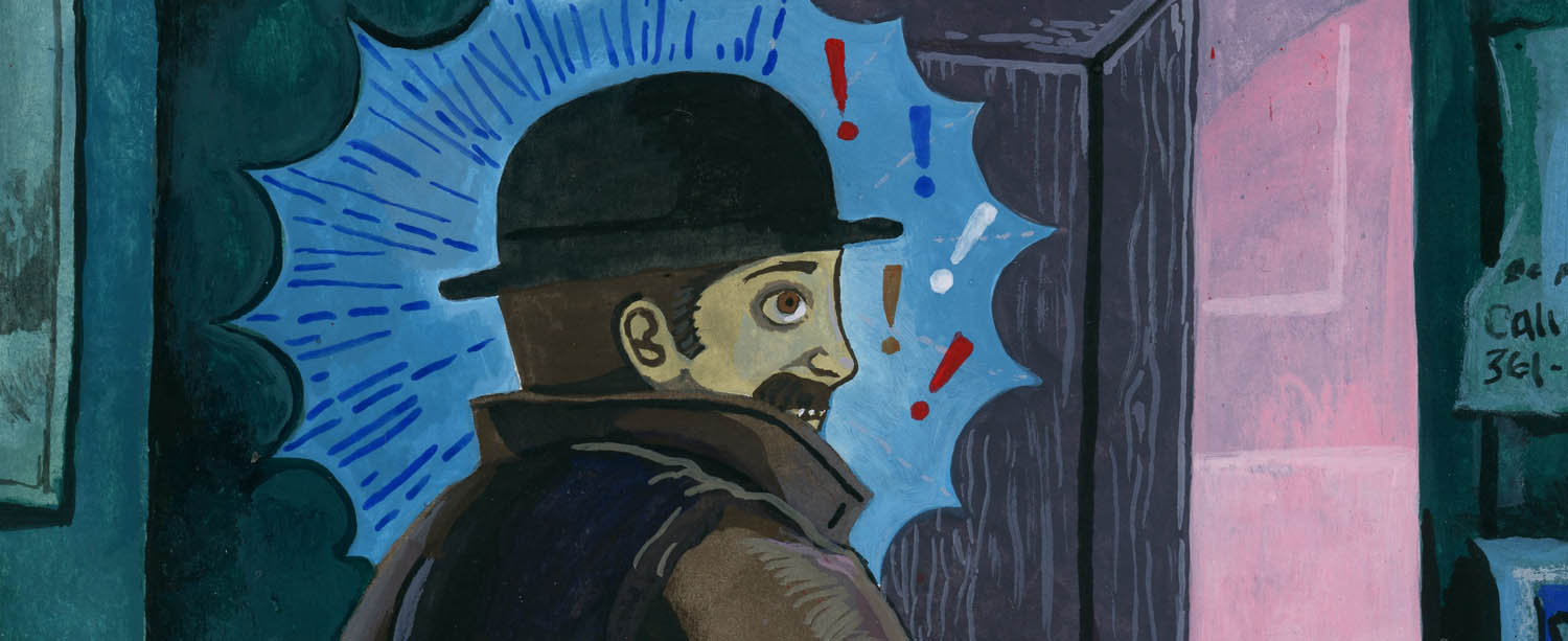 Closeup of gouache painting of a detective with a bubble of alarm and exclamation marks around him.