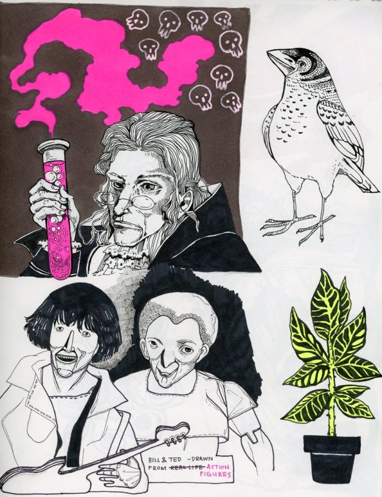 A a scan of a drawing of four ink doodles: a bird, an old fashioned chemist with a phial of bright pink poison, a potted croton colored bright yellow, and a double portrait of Bill and Ted drawn from action figures.