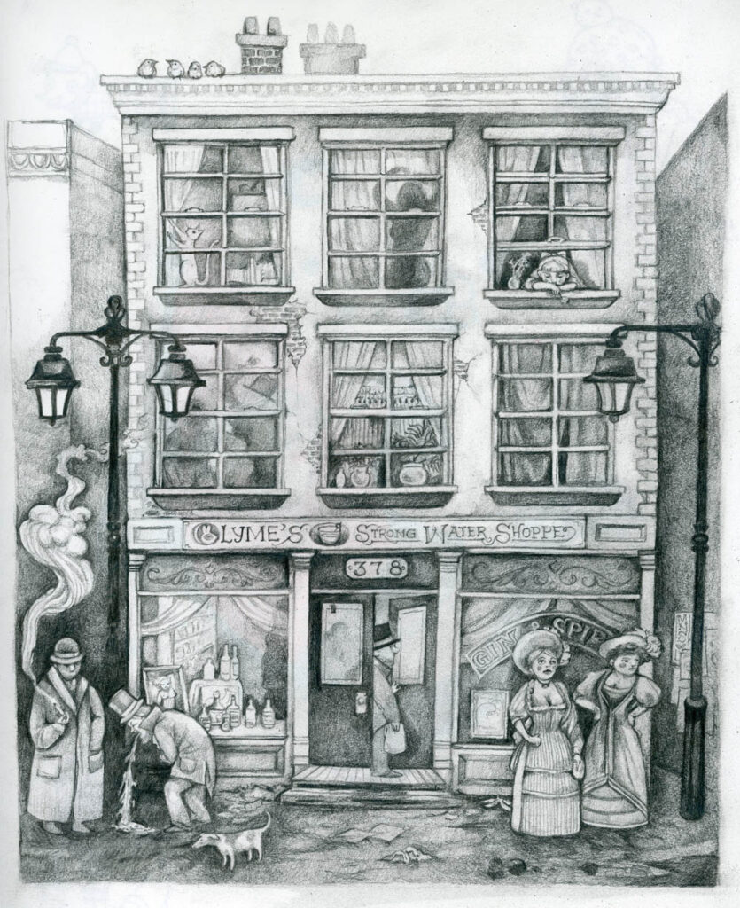 Graphite drawing of a Victorian storefront between two lamp posts on a busy street.