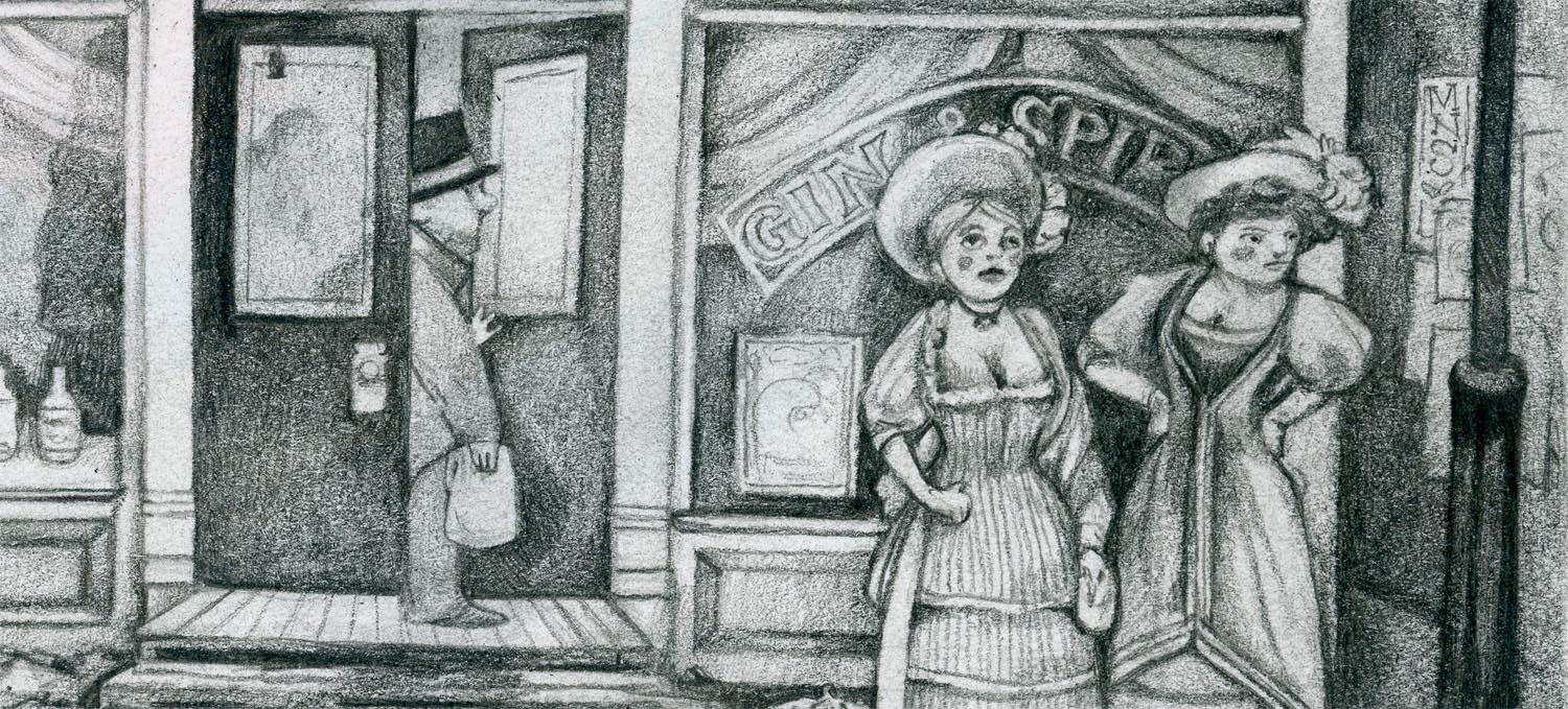 Closeup of graphite drawing of a man leaving a shop and two Victorian ladies of the night looking for customers.