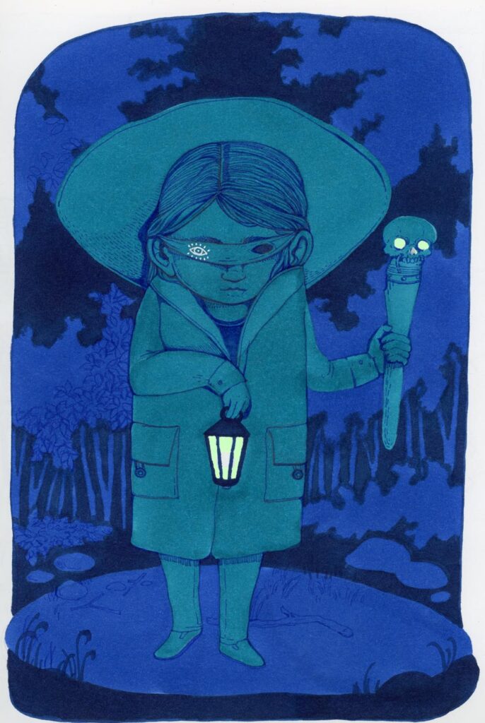 Mixed media drawing of a young witch in wide hat and coat walking at night