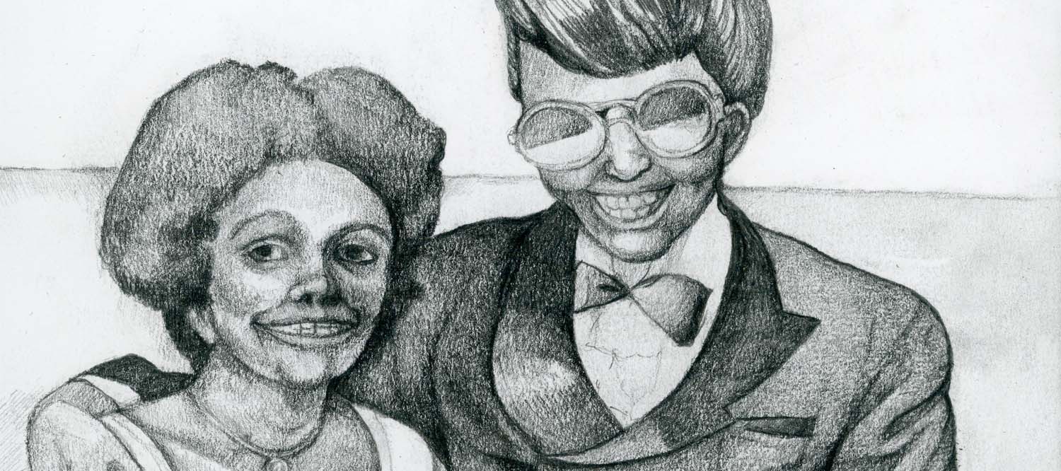 Closeup of drawing of smiling bride and bridegroom