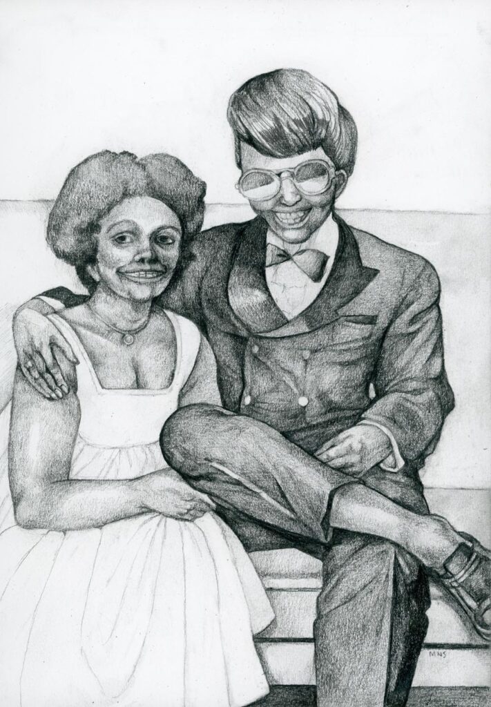 Drawing of two African American women dressed to the nines, smiling