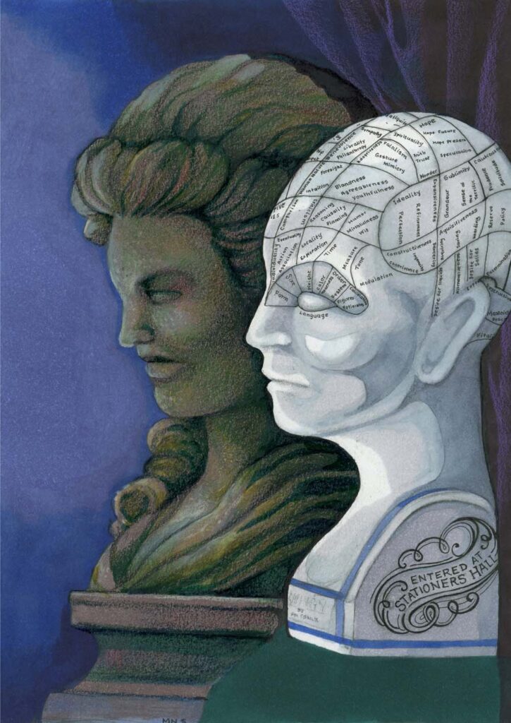 Mixed media drawing of two busts, one a phrenology model, and the other a mossy lady's head