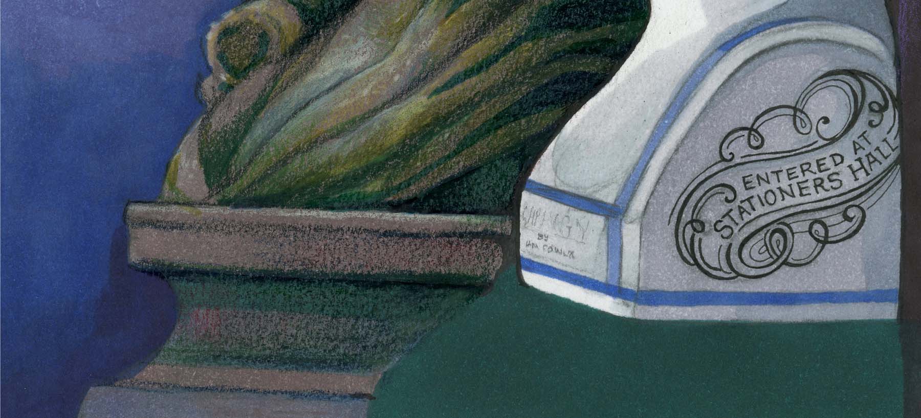 Closeup of color drawing of a phrenology head and a statue.