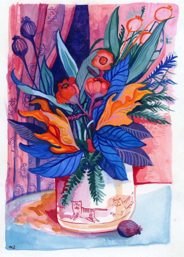 Watercolor painting of a vase of flowers in bright blue, pink and orange