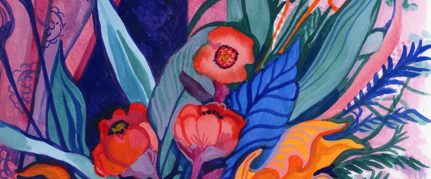 Closeup of watercolor and gouache painting of colorful leaves and flowers.