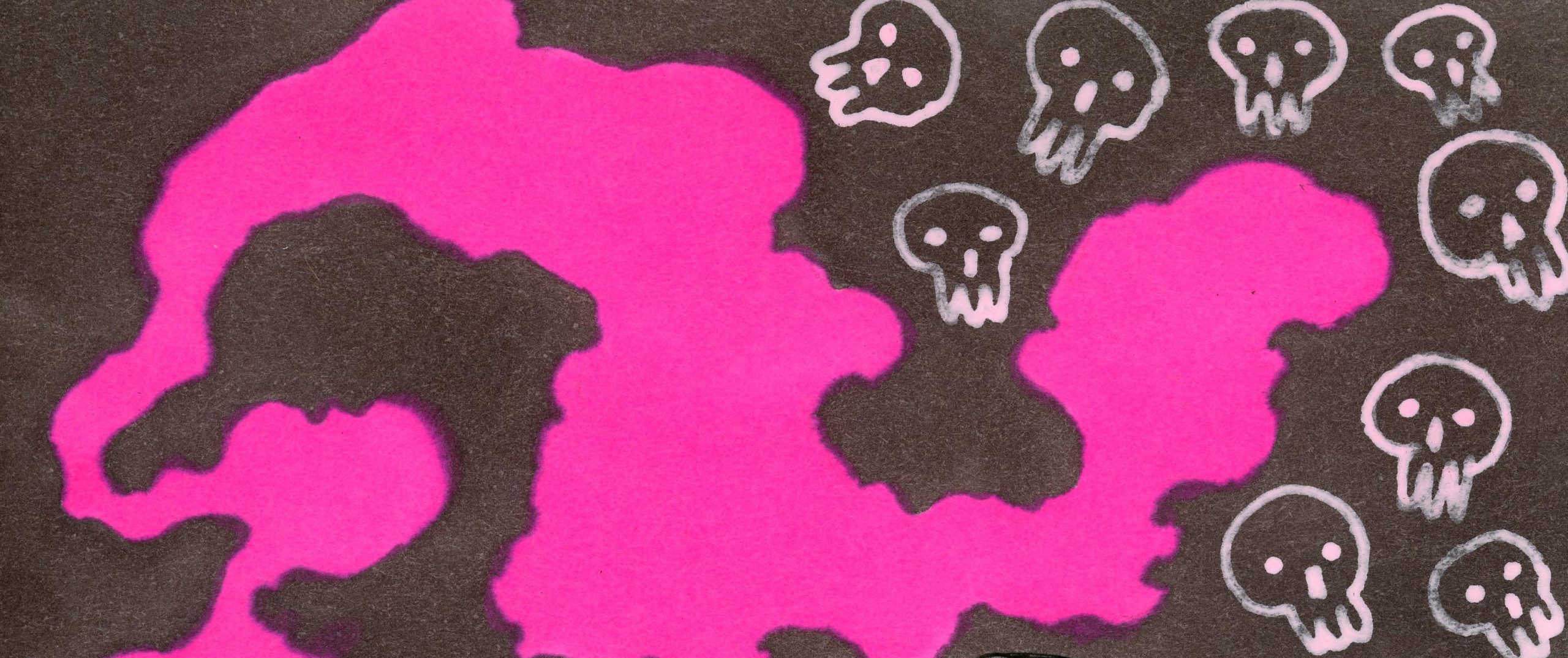 Drawing of a neon pink cloud and pink skulls on a dark background