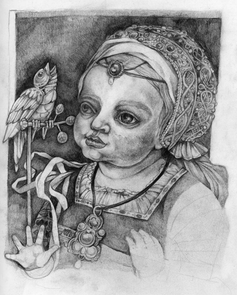 Graphite drawing of a baby in rich costume fascinated by a mechanical bird.