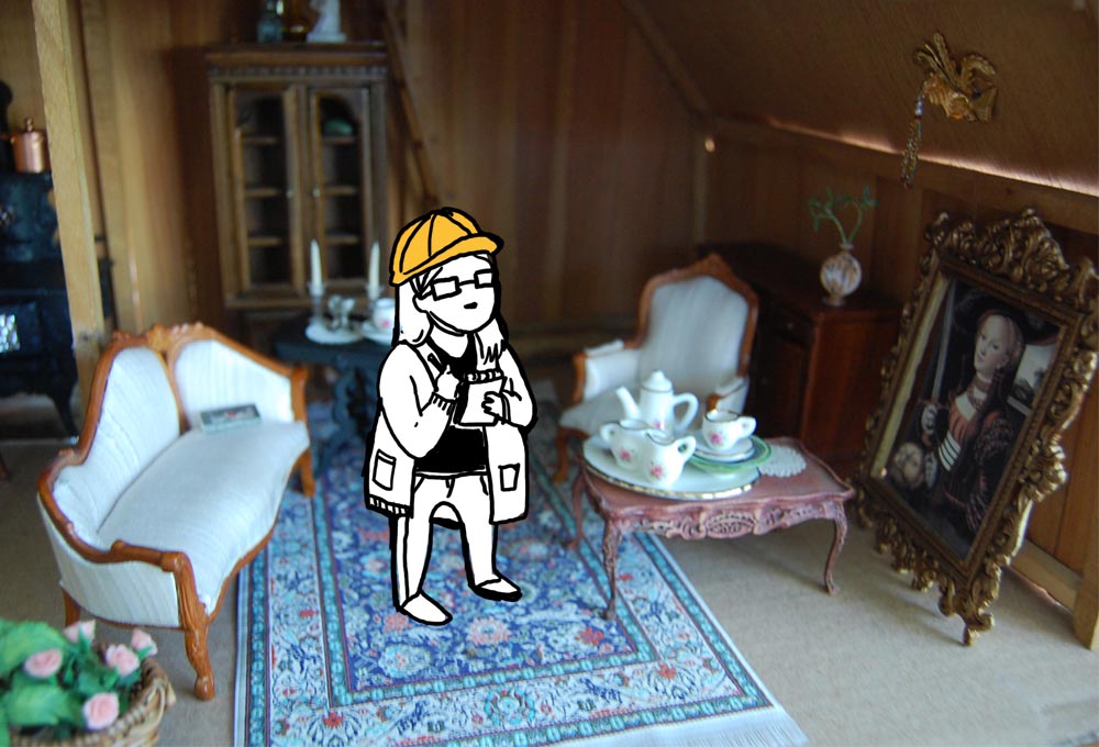 Cartoon of myself drawn digitally on an interior photo of my mini cottage with a hard hat, taking notes on a notepad.