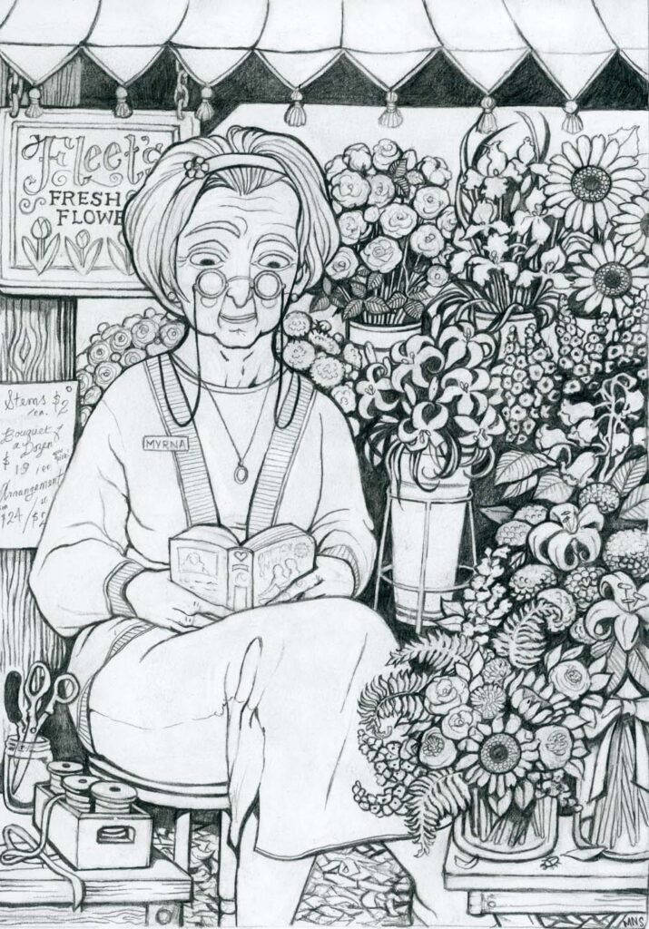 Graphite drawing of a mature woman in a cardigan set, sitting in a market stall filled with buckets of fresh flowers and arrangements, reading a romantic paperback.