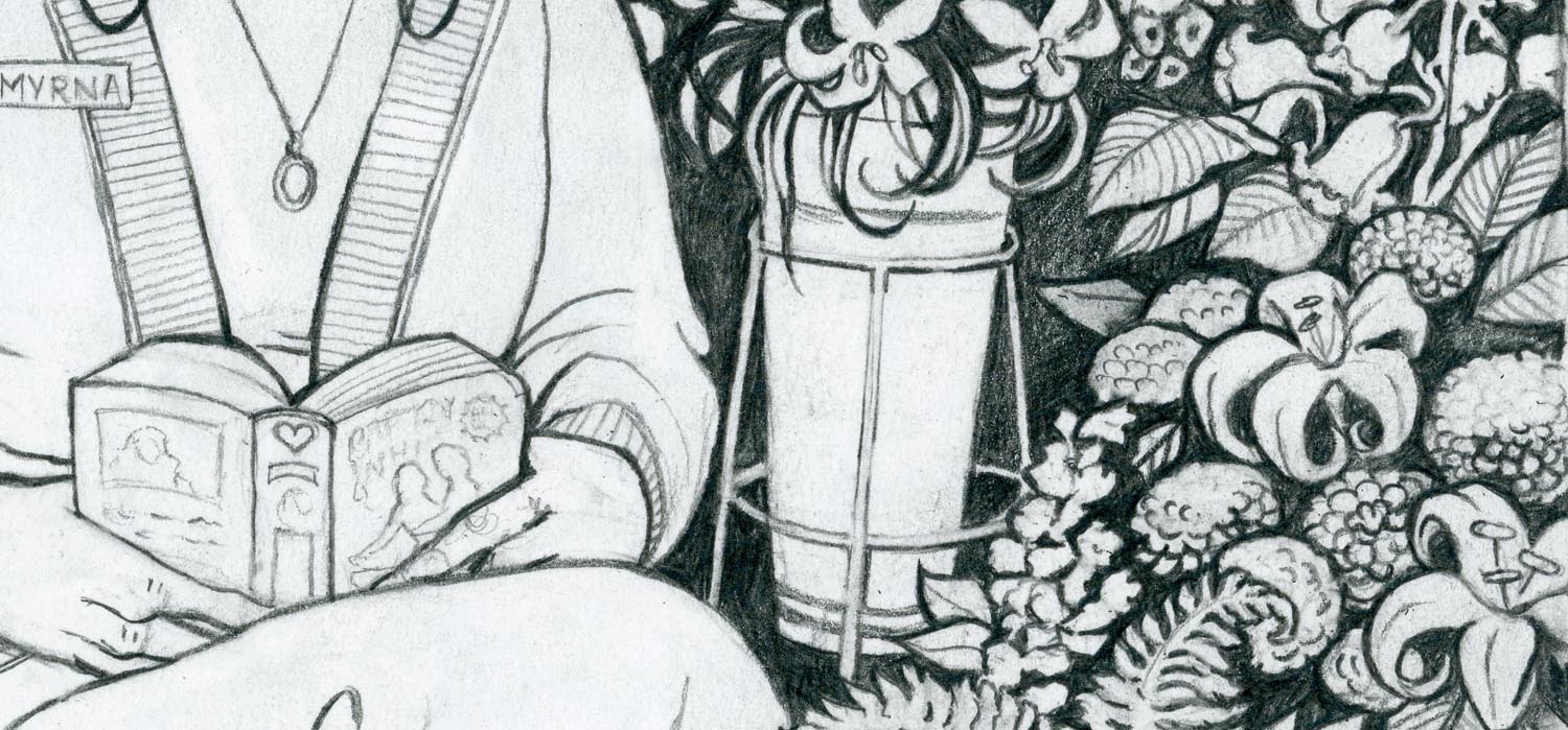 Graphite drawing of a romance paperback open on a woman's lap with buckets of fresh flowers in the background.