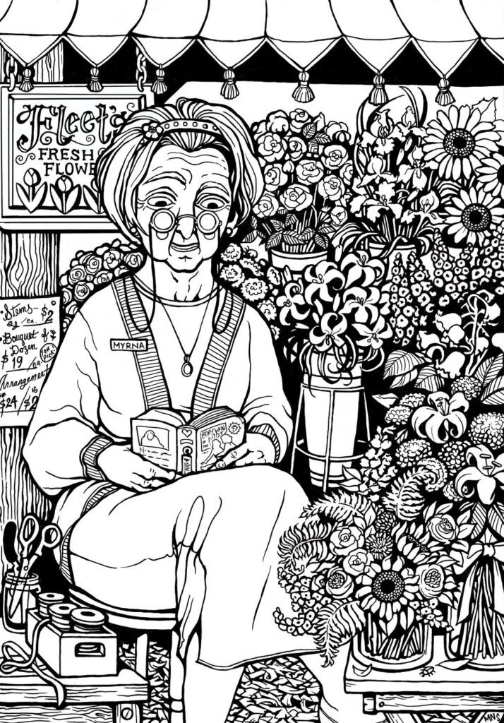 Black and white line drawing of an older woman reading a romance paperback in a stall surrounded by flowers.