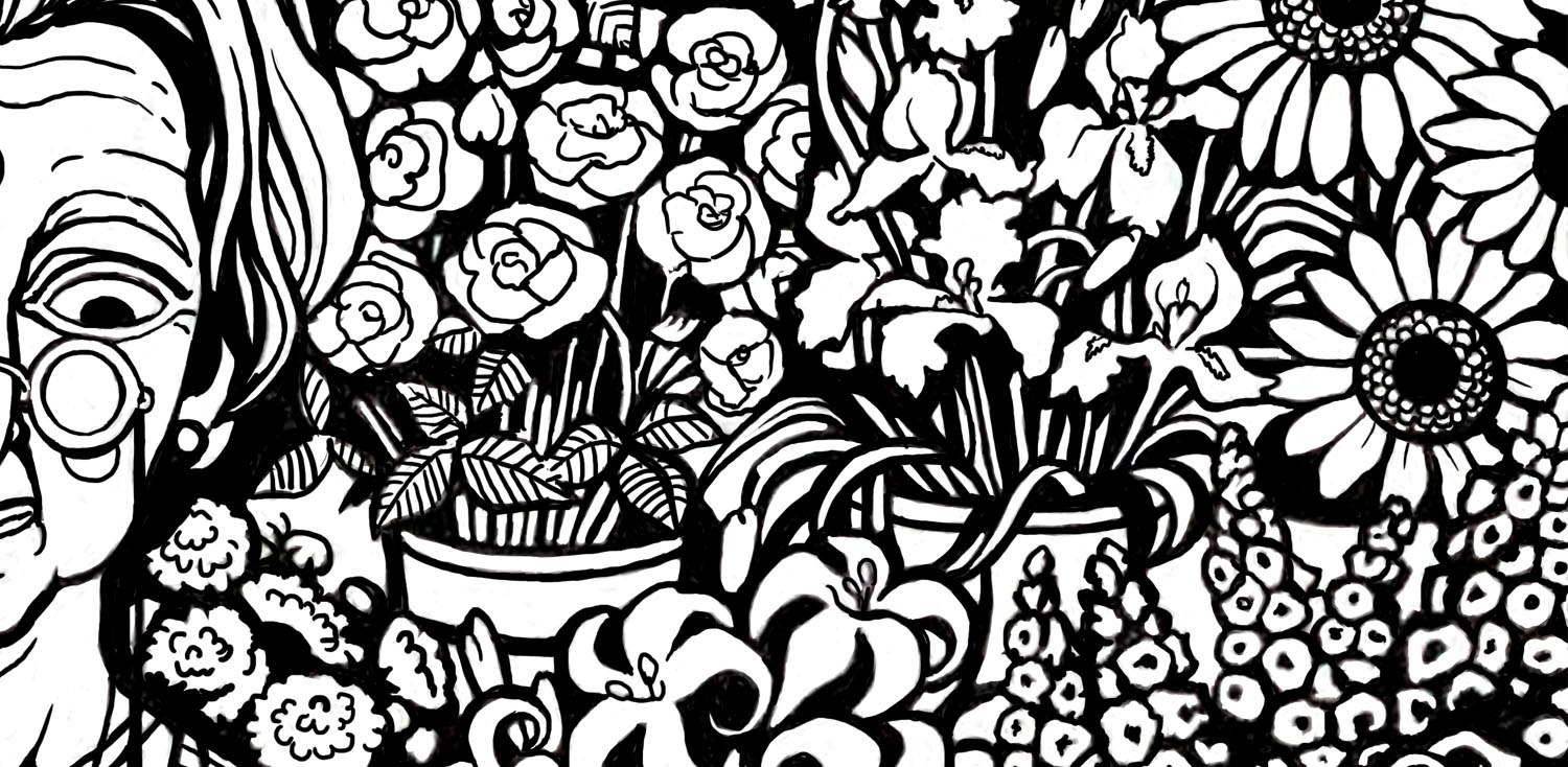 Closeup of black and white drawing of different kinds of flowers.