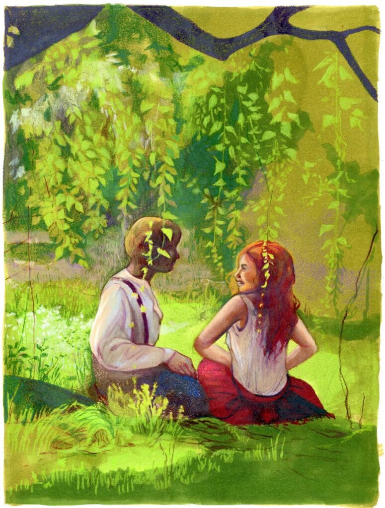 Marker and Colored pencil drawing of a man in a white shirt and suspenders and a woman with bright red hair sitting under a tree against a verdant background.