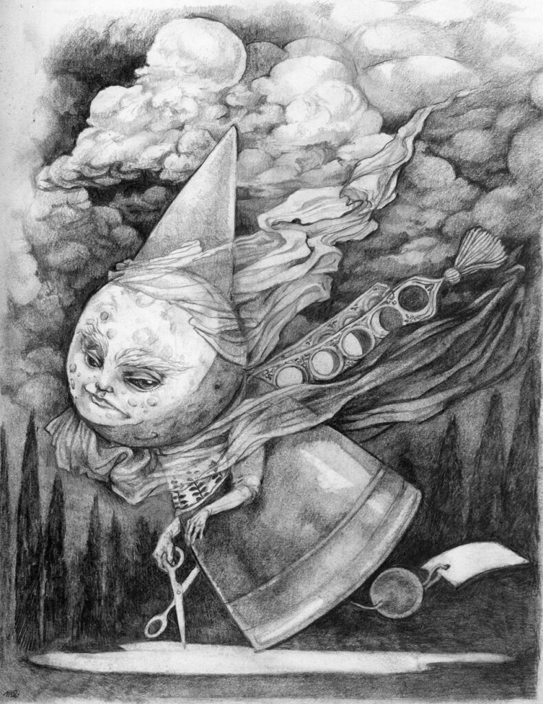 Drawing of the moon with a strange pensive face and the body of a great bell, soaring over a cloudy night scene with a lake and the outlines of pines beneath and a pair of scissors dangling from her hand.