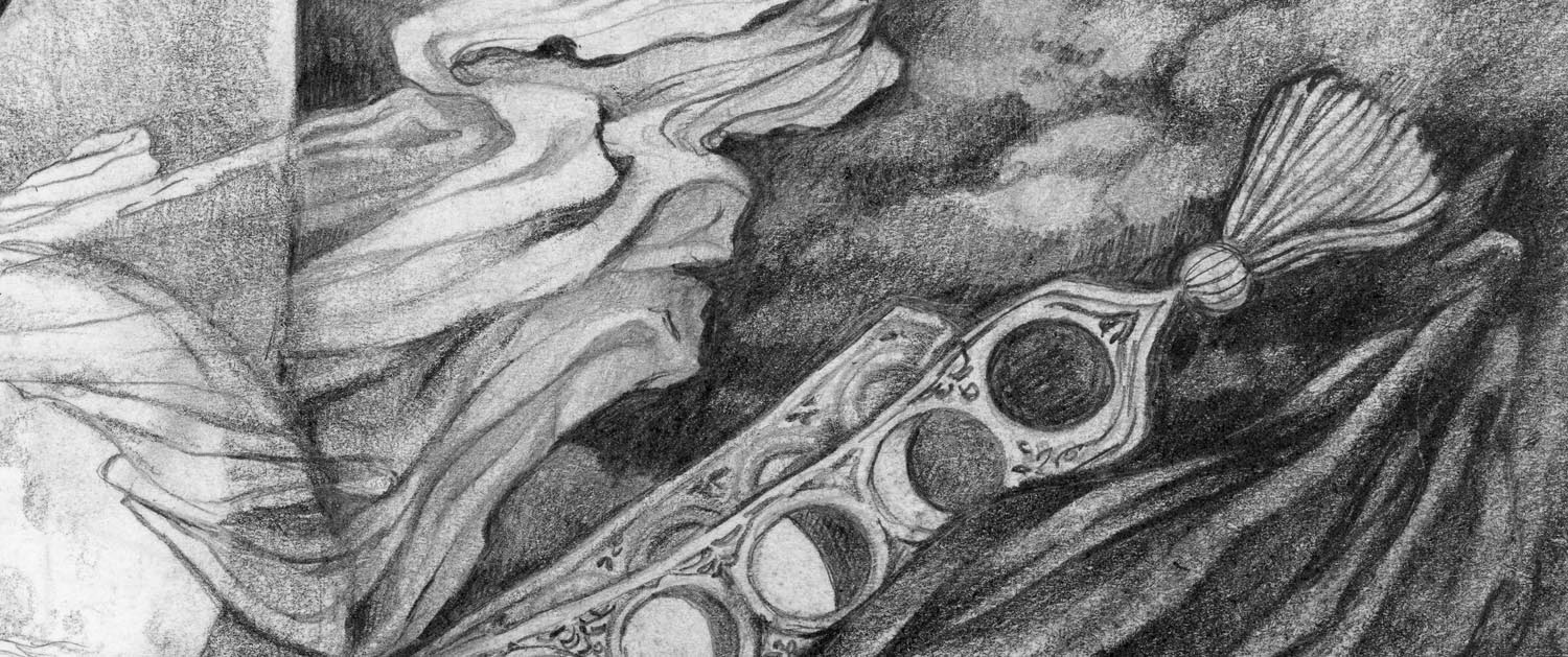 Closeup of graphite drawing of windswept fabric, clouds, and a tasseled scarf with the phases of the moon.