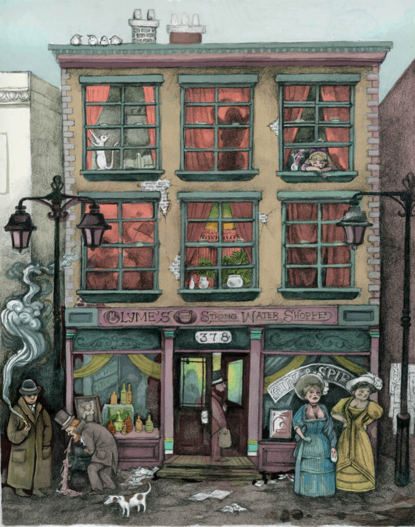 Drawing of a Victorian Era shopfront for 'Lyme's Strong Water Shoppe', with drunkards on the street and hints of a brothel in the rooms above.