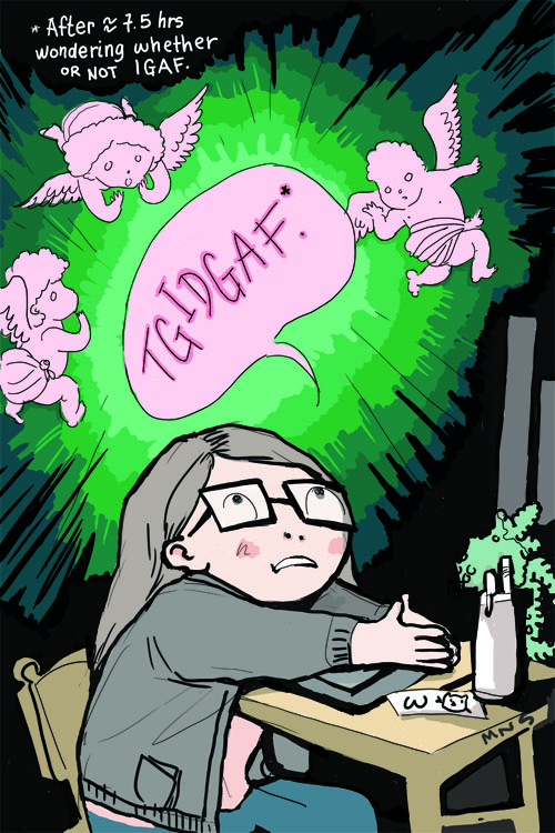 Cartoon self portrait sitting at a desk with hands clasped below a speech bubble reading: "TGIDGAF' as fat pink angel babies fly around it.