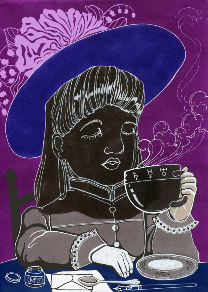 Drawing of a girl in dark Victorian style clothing drinking tea with a letter in front of her.