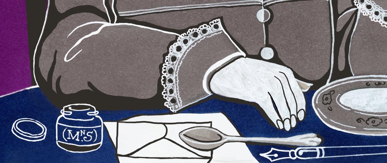 Closeup of drawing of an arm on a desk with an inkwell, envelope and spoon