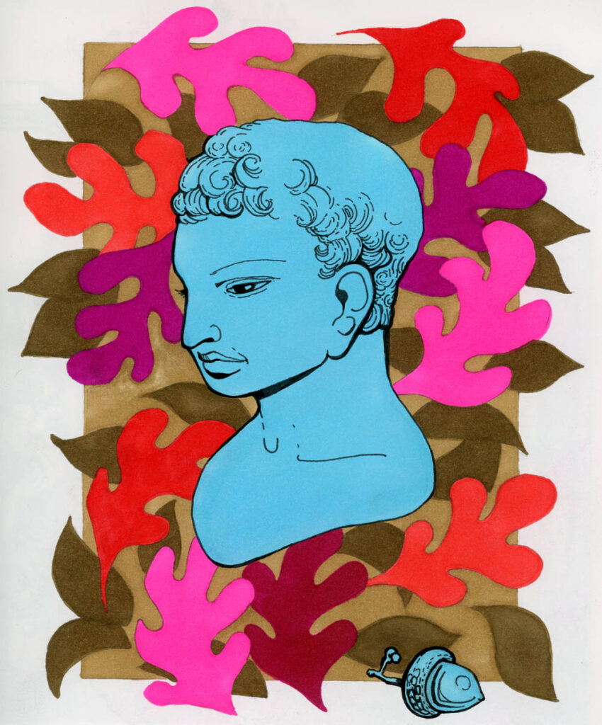 Line drawing of the bust of a young man in sky blue with pink, burgundy, and brown leaves behind him
