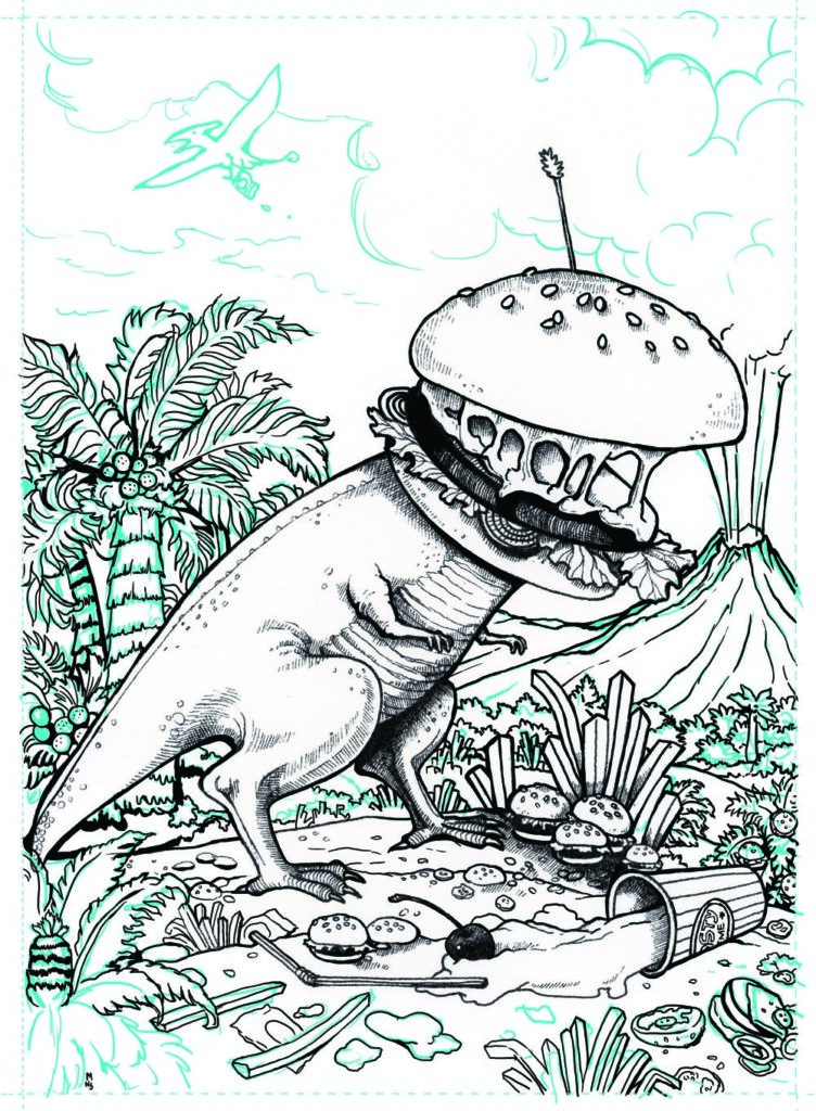 Digital drawing in progress of a t-rex with a cheeseburger for a head, roaring across a prehistoric landscape.