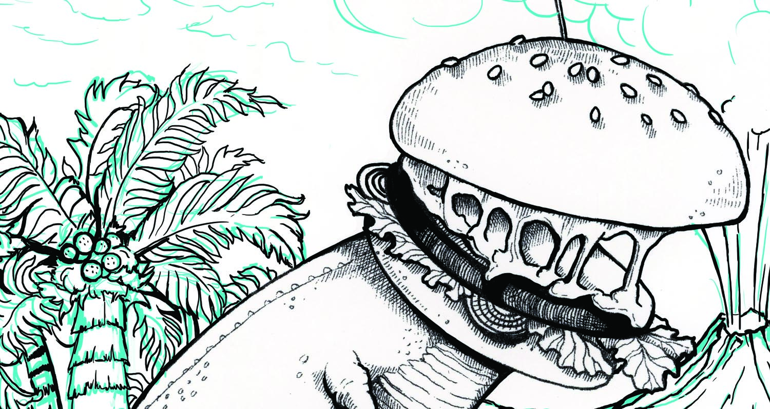 Closeup of a t-rex with a cheeseburger head and tropical plants in the background.