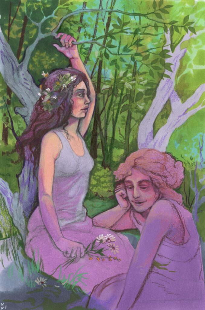 Drawing in purples and greens of two women relaxing in the shade
