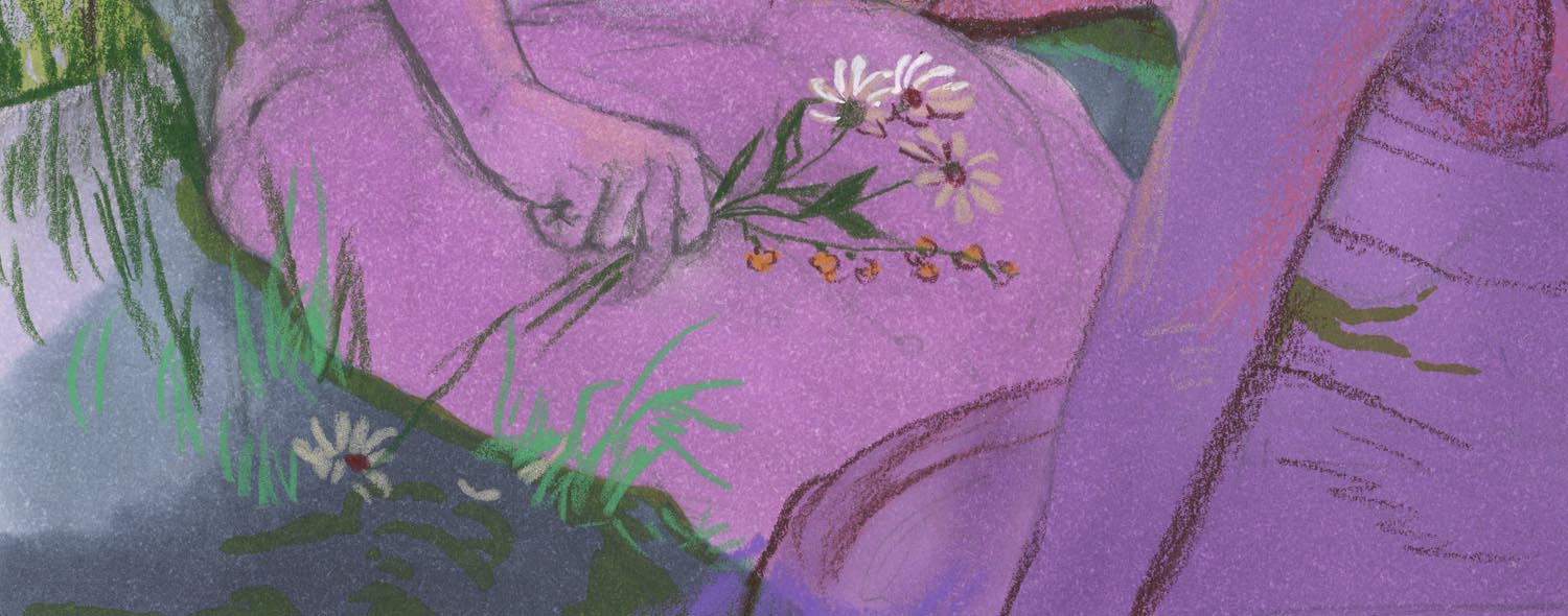 Closeup of drawing in purples and blues of the laps of two women, with one holding some wildflowers