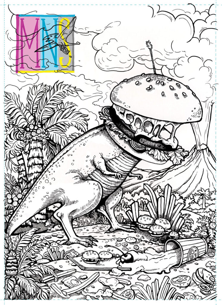 Line art drawing of a t-rex with a cheeseburger head "roaring" against a prehistoric landscape scattered with fast food.