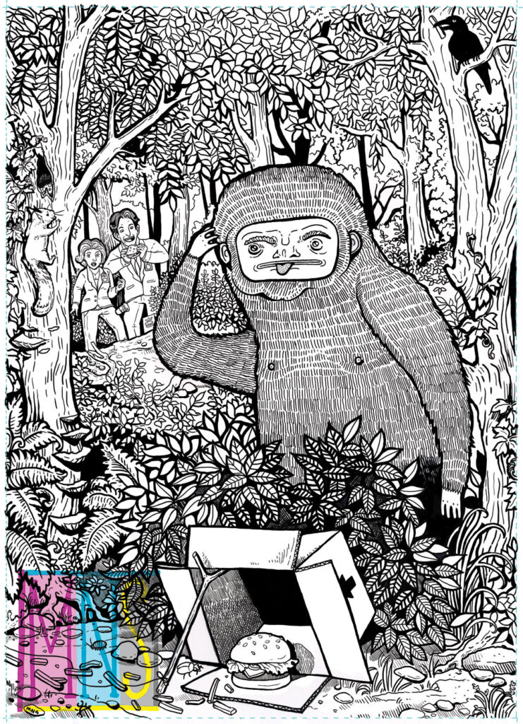 Black and white line drawing showing a Sasquatch in the woods about to stumble upon a poorly made trap that's baited with a cheeseburger.