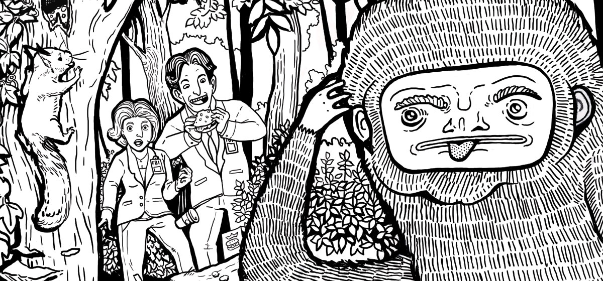 Closeup of a pair of Mulder and Scully look alikes standing shocked behind a bigfoot.