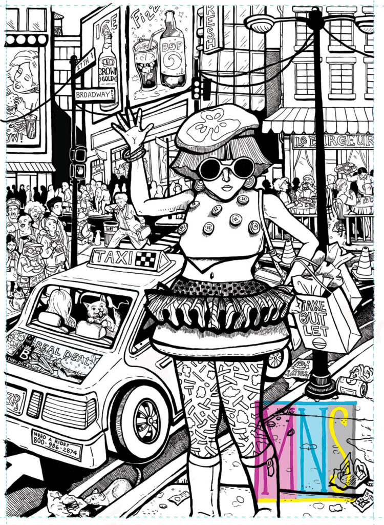 Black and white line drawing of a lady in sunglasses with a kooky cheeseburger inspired outfit hailing a cab with a bustling city in the background.