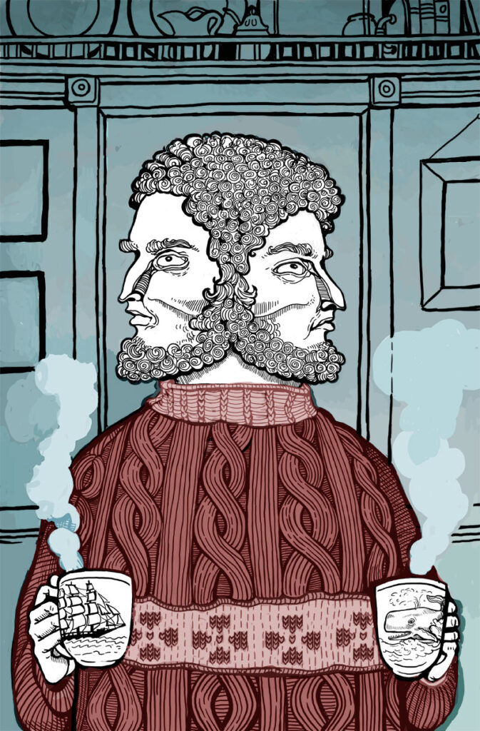 Unfinished drawing of a two-faced bearded man in a cable sweater holding two steaming mugs against a cozy cottage background.