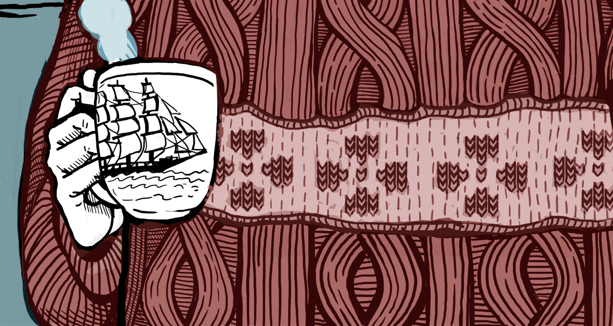 Drawing of a hand holding a mug decorated with a ship against a maroon knit sweater