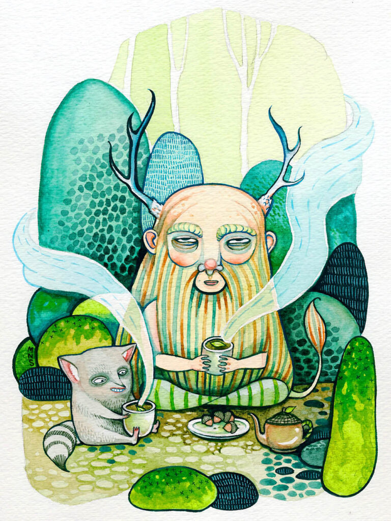 Watercolor of a friendly horned forest spirit having tea with a raccoon.