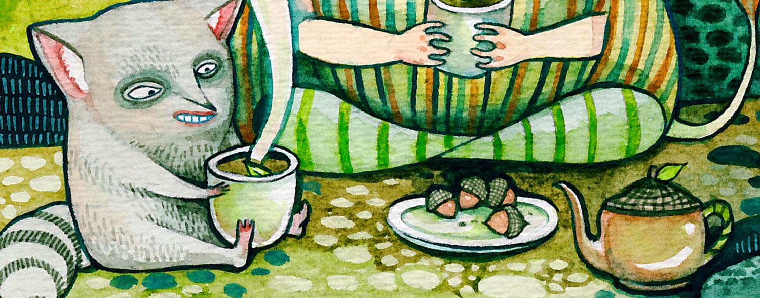 Closeup painting of a tea set with a plate of walnuts and a raccoon with a steaming cup of tea.