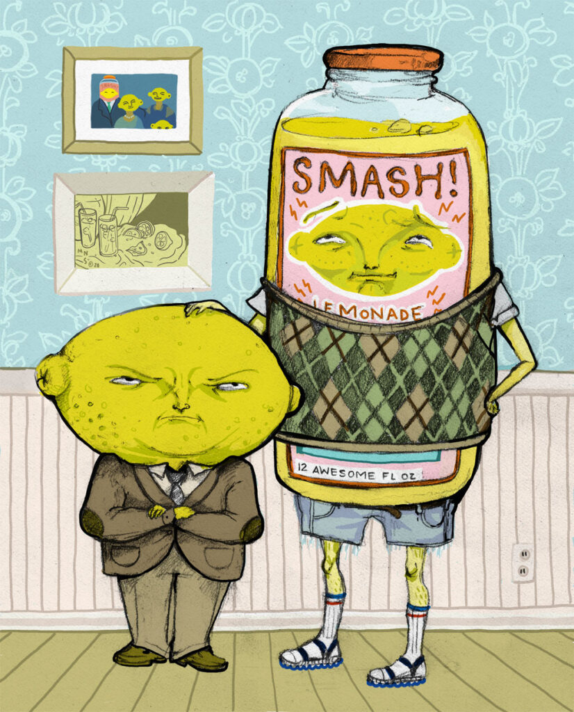 Drawing of two anthropomorphic figures: one with the head of a lemon and the other a bottle of lemonade
