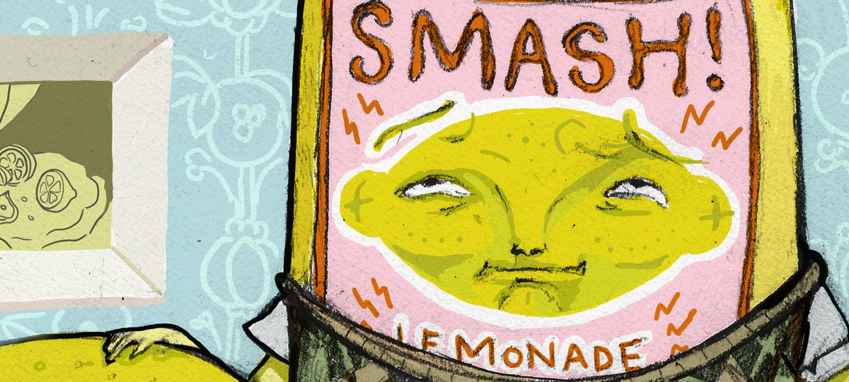 Detail of a drawing showing a smug-looking anthropomorphic bottle of lemonade