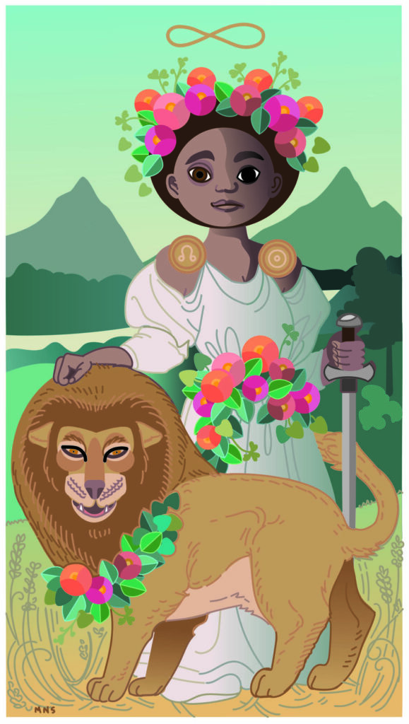 Vector drawing of a dark skinned woman and a lion, wreathed in flowers